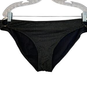 Joe Boxer women’s swim suit bikini bottoms in black with gold stripes.